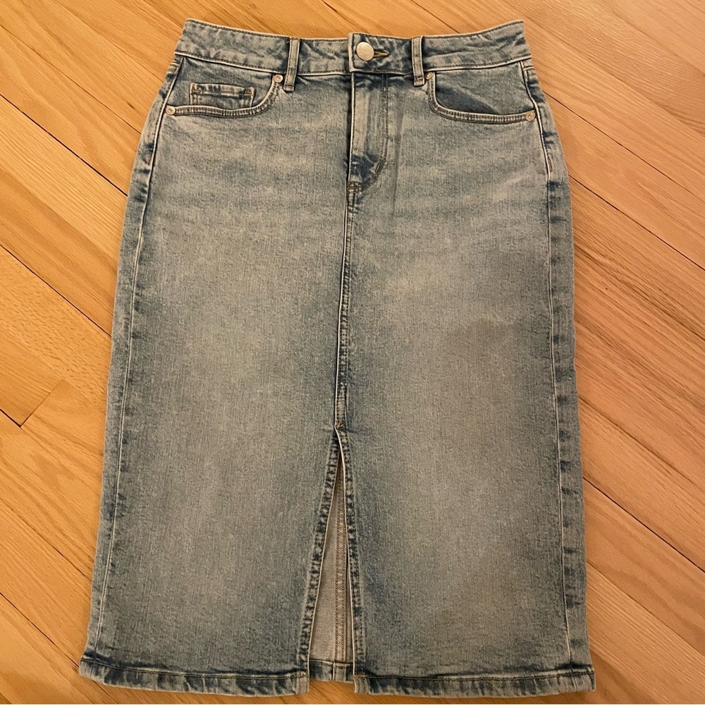 Loft Denim High Rise Long Mini Skirt 2 Petite